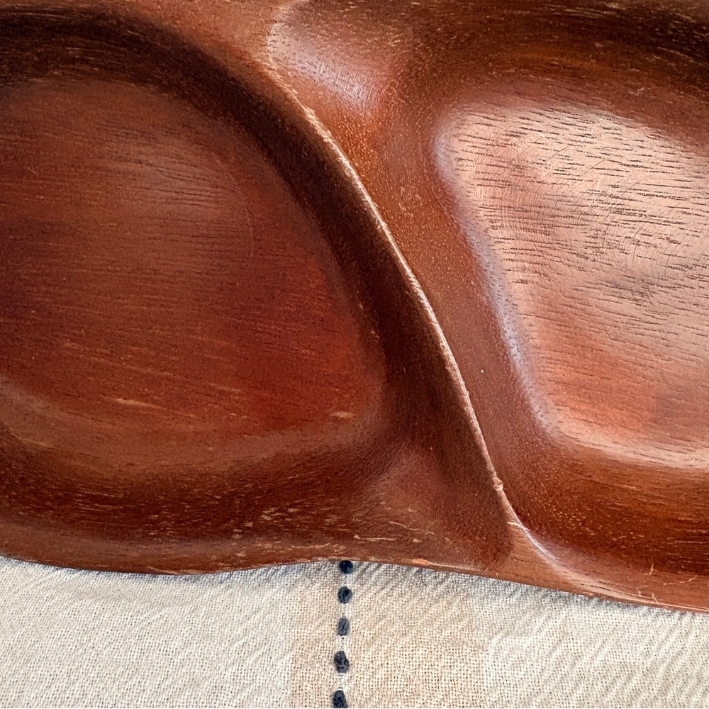 Mid Century Modern Teak Wood Divided Tray Quon Quon Handcrafted Pea Pod Leaf - Picture 4 of 10